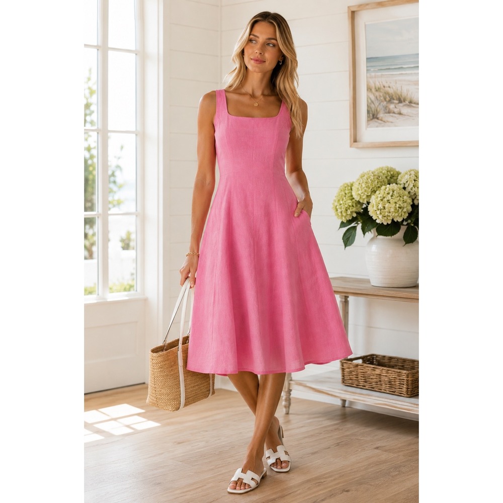 Lauren Ralph Lauren Pink 100% Linen Fit & Flare Midi Dress Women's 10 42"